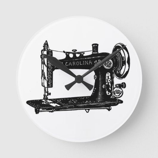 Vintage Nähmaschine Schwarzweiß Runde Wanduhr (Vorderseite)