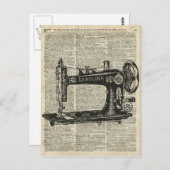 Vintage Nähmaschine Stift über alte Buchseite Postkarte (Vorne/Hinten)