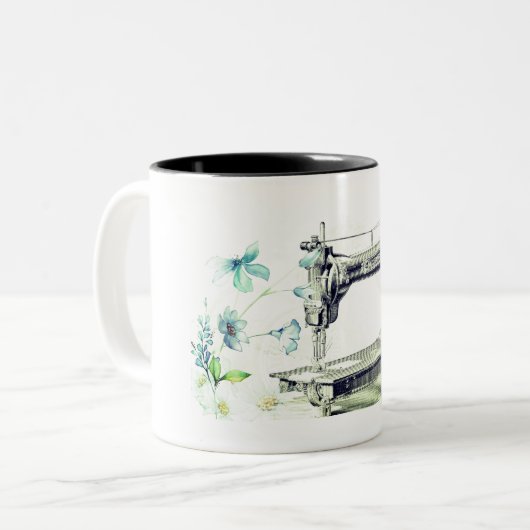 Vintage Nähmaschine und Blume Zweifarbige Tasse (Vorderseite Links)