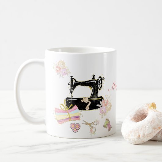Vintage Nähmaschine und Gewebe Kaffeetasse (Mit Donut)