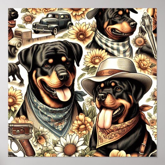 Vintage Nahtlose Rottweiler-Illustration Poster (Vorne)