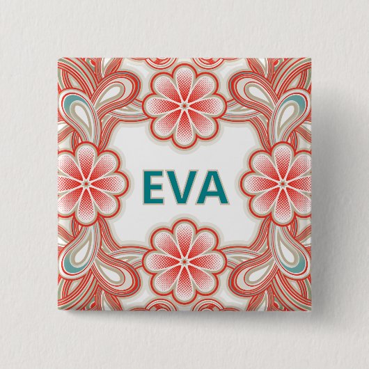 Vintage Namensbutton mit roten Blumen Button (Vorderseite)