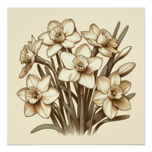 Vintage-Narzissenstrauß, Botanische Linienkunst Poster