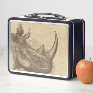 Vintage-Nashorn-Illustration auf Jute Metall Brotdose