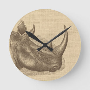 Vintage-Nashorn-Illustration auf Jute Runde Wanduhr