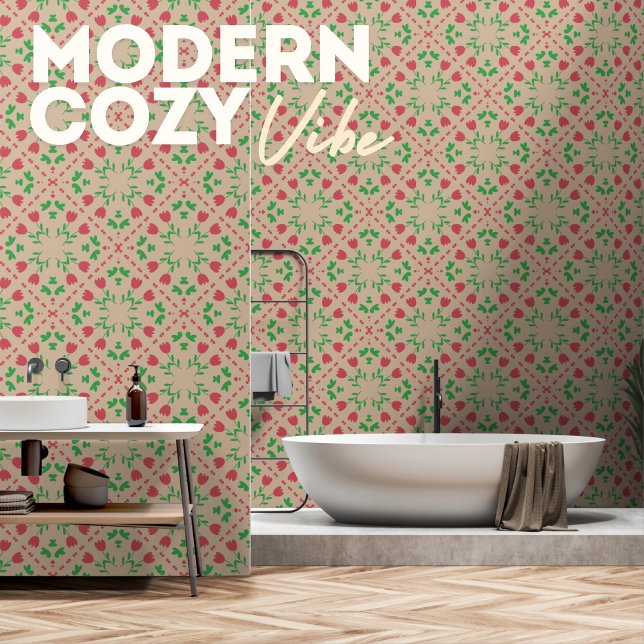 Vintage Natur Blumenmuster mit roter Blume Tapete (Von Creator hochgeladen)