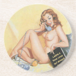Vintage Naughty Hello Button Up Girl Sandstein Untersetzer
