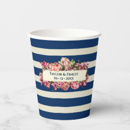 Vintage Nautic Navy Blue Stripes Blumenhochzeit Pappbecher