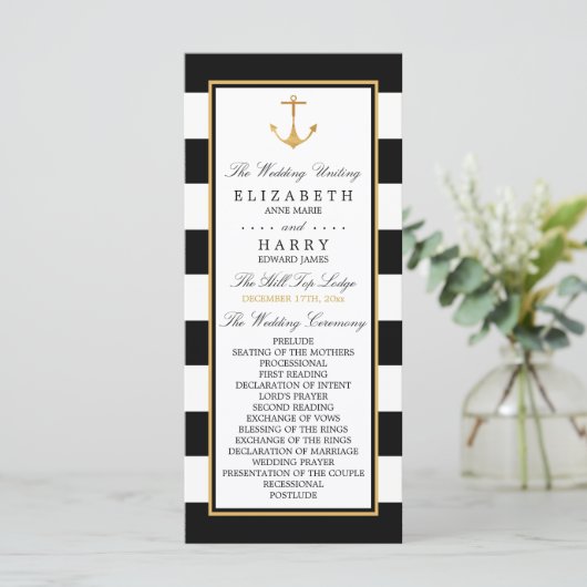 Vintage Nautical Gold Anker, Black & Gold Hochzeit Programm (Stehend Vorderseite)
