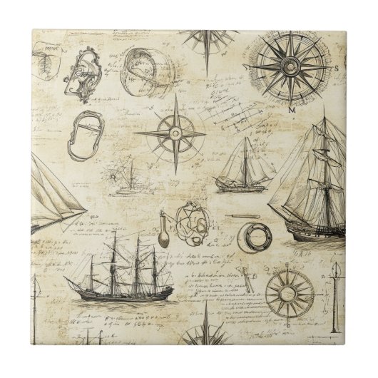 Vintage Nautical Map Pattern with Ships & Compass Fliese (Vorderseite)