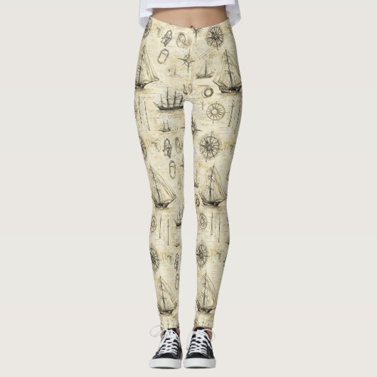 Vintage Nautical Map Pattern with Ships & Compass Leggings (Vorderseite)