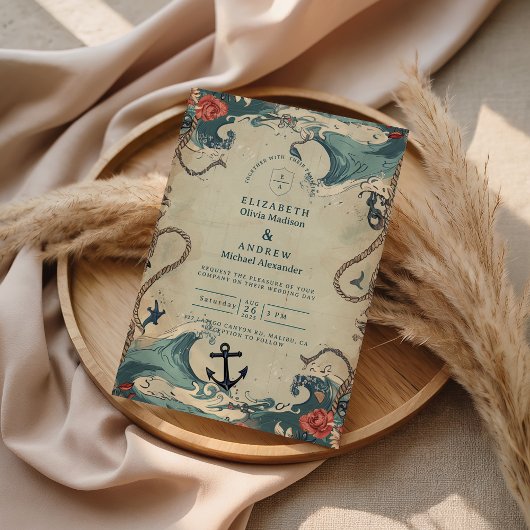 Vintage Nautical Waves & Rope Wedding Einladung