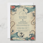Vintage Nautical Waves & Rope Wedding Einladung (Vorderseite)