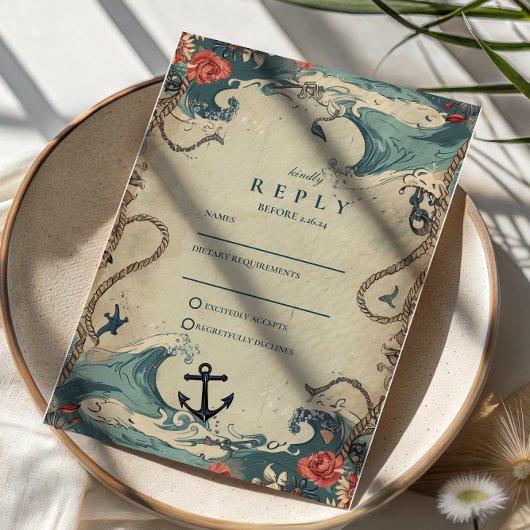Vintage Nautical Waves & Rope Wedding RSVP Karte