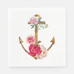 Vintage Nautische Ankerpink- und Rote-Peony-Blume Serviette