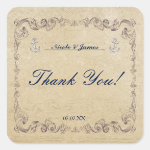 Vintage-nautische elegante Strandhochzeit-Sticker Quadratischer Aufkleber