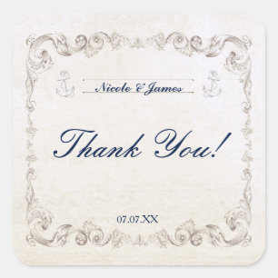 Vintage-nautische elegante Strandhochzeits-Aufkleb Quadratischer Aufkleber