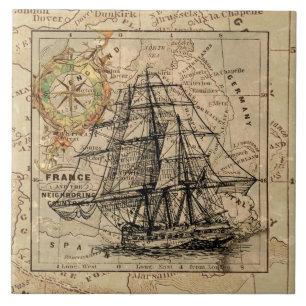 Vintage nautische Segelschifffahrtskarte Fliese