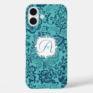 Vintage Navy Aqua Mint Damast Monogramm iPhone 16 Plus Hülle