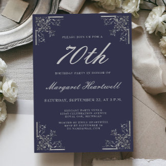 Vintage Navy Blau Silber 70. Geburtstag Einladung