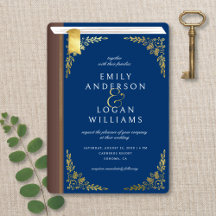 Vintage Navy Blue Book Cover Gold Floral Wedding