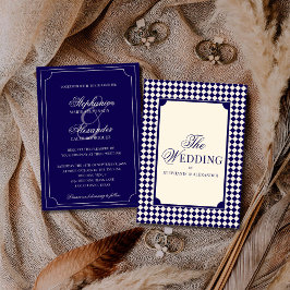 Vintage Navy Blue Checkered Old Money Wedding Einladung
