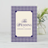 Vintage Navy Blue Checkered Old Money Wedding Einladung (Stehend Vorderseite)