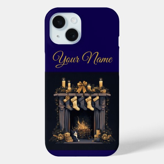 Vintage Navy Blue & Gold Christmas iPhone 15 Case (Rückseite)
