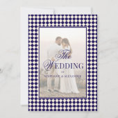 Vintage Navy Checkered Old Money Photo Wedding Einladung (Vorderseite)