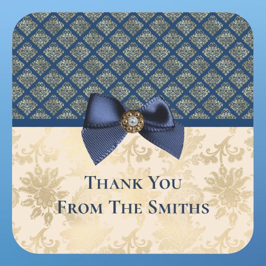 Vintage Navy Gold Damask Vielen Dank Quadratischer Aufkleber