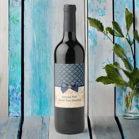 Vintage Navy Gold Damask Vielen Dank Weinetikett