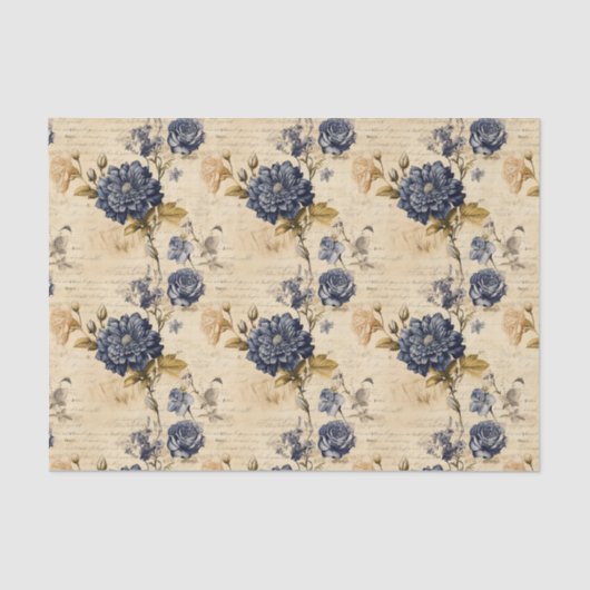 Vintage Navy & Ivory Blume Gewebpapier, elegant Seidenpapier (Vorderseite)