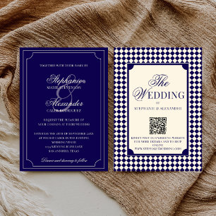 Vintage Navy Kariert Old Money QR-Code Hochzeit Einladung