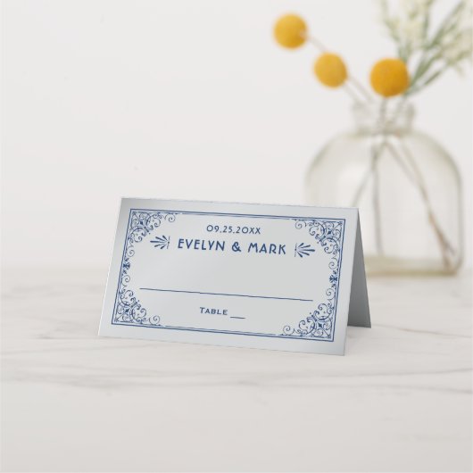Vintage Navy Silver Art Deco Hochzeit Platzkarte (Vorderseite)