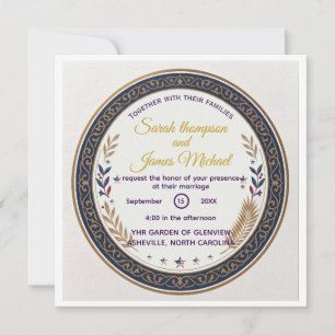 Vintage-Navy- und Gold-Filigran-Hochzeit mit ameri Einladung