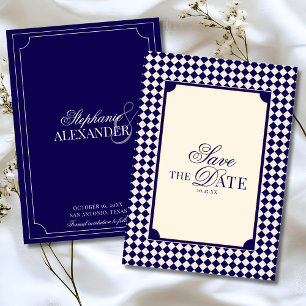 Vintage Navyblau kariert Old Money Hochzeit Save The Date