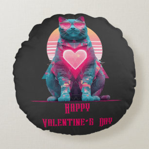 Vintage Neon-Katze zum Valentinstag  Rundes Kissen