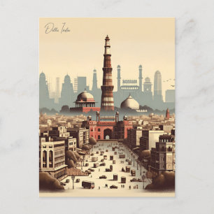 Vintage Neu-Delhi, Indien Reise Aquarell Retro Postkarte