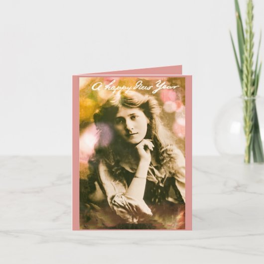 Vintage Neujahrsfrau in Rosa Karte (Vorderseite)