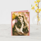 Vintage Neujahrsfrau in Rosa Karte (Gelbe Blume)