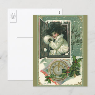 Vintage Neujahrsgrüße, viktorianisches Mädchen am  Feiertagspostkarte