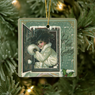 Vintage Neujahrsgrüße, viktorianisches Mädchen am  Keramikornament