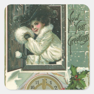 Vintage Neujahrsgrüße, viktorianisches Mädchen am  Quadratischer Aufkleber
