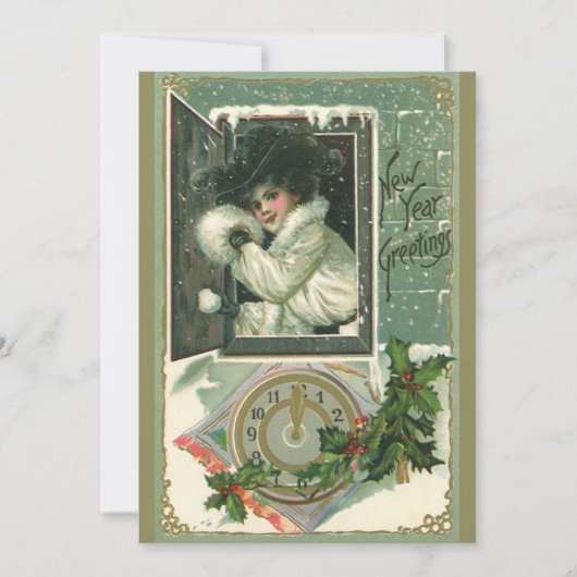 Vintage Neujahrsgrüße, Viktorianisches Mädchenfens Einladung (Vorderseite)