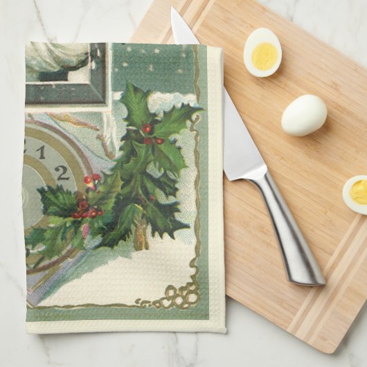 Vintage Neujahrsgrüße, Viktorianisches Mädchenfens Geschirrtuch (Viertel Falte)