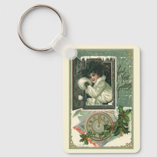 Vintage Neujahrsgrüße, Viktorianisches Mädchenfens Schlüsselanhänger (Vorderseite)