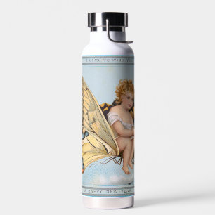 Vintage Neujahrskarte, Kind reitet auf Schmetterli Trinkflasche
