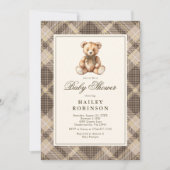 Vintage Neutral Plaid Teddy Bear Baby Shower Einladung (Vorderseite)