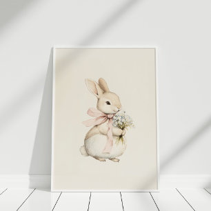 Vintage neutrale niedliche Hase mit Blumen-Kinderz Poster