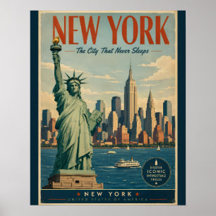 Vintage New York City Reiseplakat mit Statue von Poster